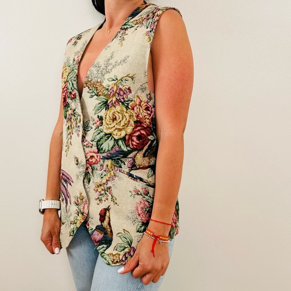 F. L. Malik Vintage 90s floral tapestry vest linen blend boho - Picture 3 of 11